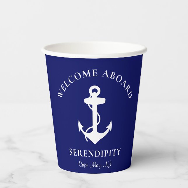 Boat Anchor Navy Blue Personalised Paper Cups (Back)