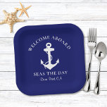 Boat Anchor Navy Blue Personalised Paper Plate<br><div class="desc">Modern nautical-themed paper plates for your boat that feature a white illustration of an anchor on a dark navy blue background. Personalise the "Welcome Aboard" text and your boat's name and location in elegant white typography.</div>