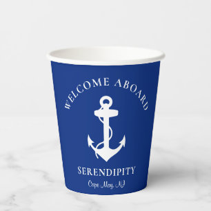 Boat Anchor Navy Blue Personalised Welcome Aboard Paper Cups