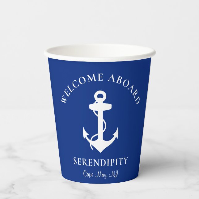 Boat Anchor Navy Blue Personalised Welcome Aboard Paper Cups (Back)