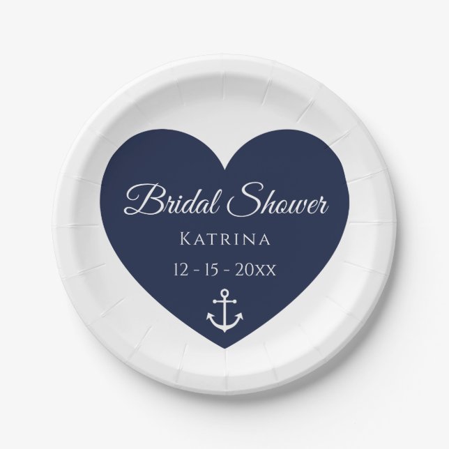 Boat Anchor Navy Blue White Nautical Bridal Shower Paper Plate (Front)