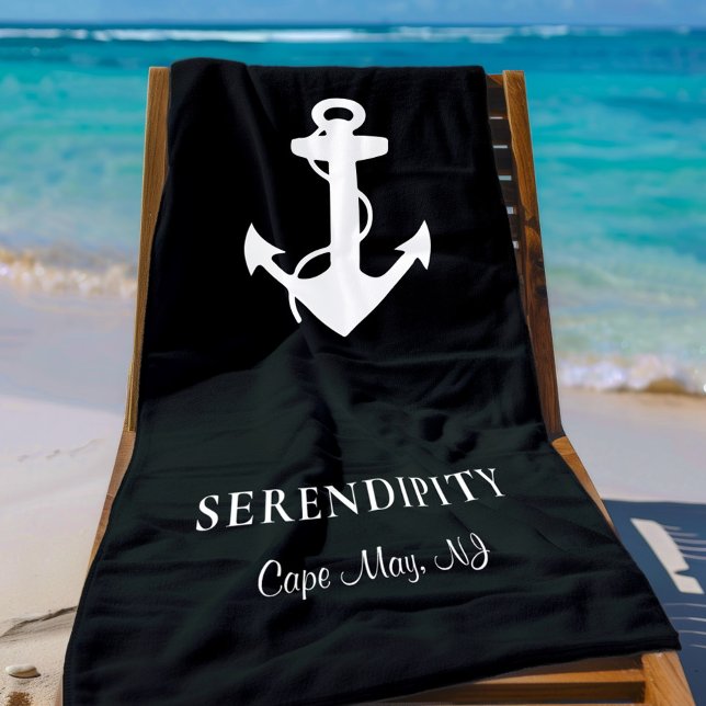 Boat Anchor Personalised Black Beach Towel (Creator Uploaded)