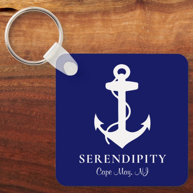 Boat Anchor Personalised Navy Blue Key Ring (Front)