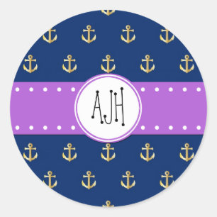 Boat Anchor, Ship Anchor, Sea Anchor, Monogram Classic Round Sticker