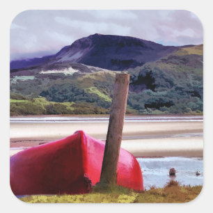 BOAT AND MOUNTAIN LANDSCAPE SQUARE STICKER