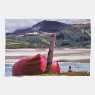 BOAT AND MOUNTAIN LANDSCAPE TEA TOWEL