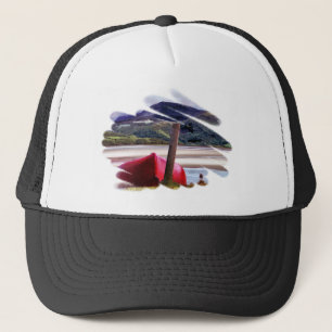 BOAT AND MOUNTAIN LANDSCAPE TRUCKER HAT