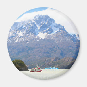 Boat and mountains, Patagonia, Chile Magnet