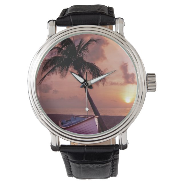 Boat and Palm Tree sunset compact mirror Watch (Front)