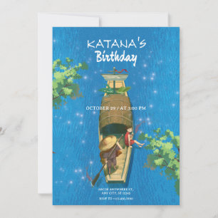 Boat anime summer adventure blue water invitation