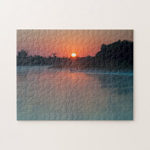 Boat At Sunrise On The River Jigsaw Puzzle