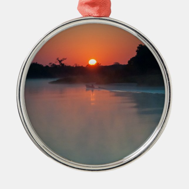 Boat At Sunrise On The River Metal Tree Decoration (Front)