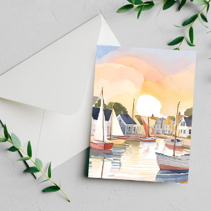Boat Bay   Coastal Ocean Watercolor Painting Card