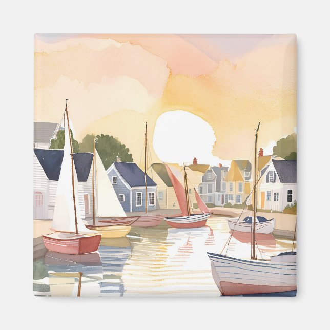 Boat Bay | Coastal Ocean Watercolor Painting Magnet (Front)