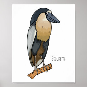 Boat-billed heron bird cartoon illustration poster