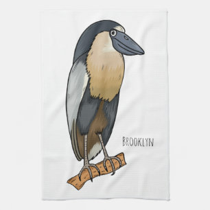 Boat-billed heron bird cartoon illustration tea towel
