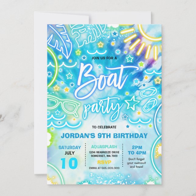 Boat Birthday Party Party At The Lake Tie Dye Glow Invitation (Front)
