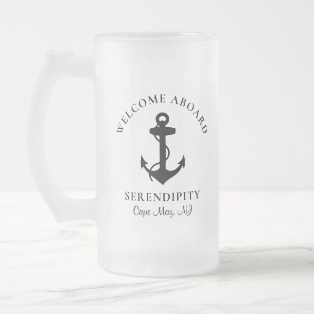 Boat Black Anchor Personalised Frosted Glass Beer Mug (Left)