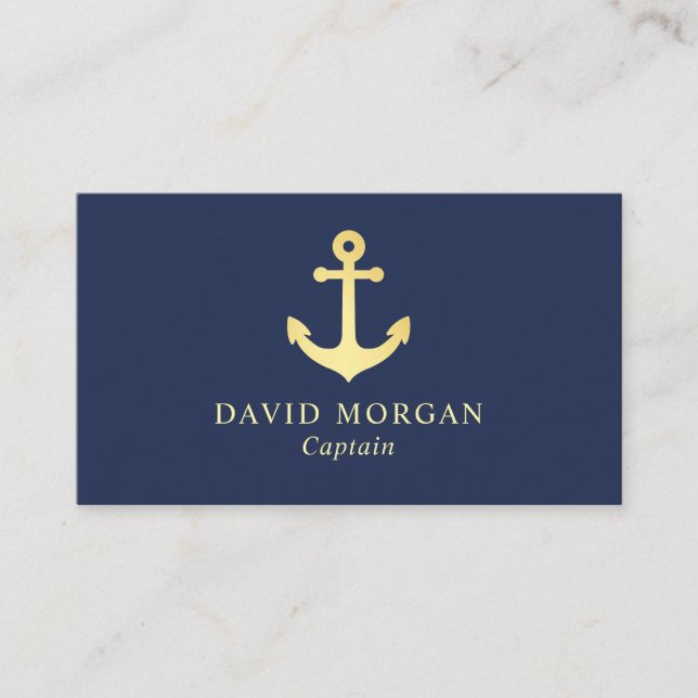Boat Captain Anchor Logo Navy And Gold Business Card (Front)