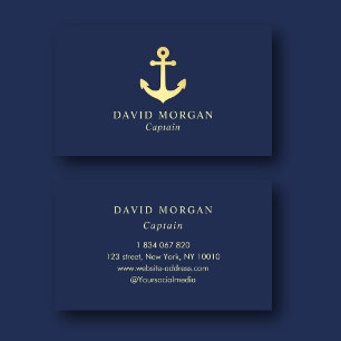 Boat Captain Anchor Logo Navy And Gold Business Card