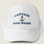 Boat captain hats with nautical anchor and name<br><div class="desc">Boat captain hat with nautical anchor and custom name. Vintage typography template for sailor. Make your own personalised hat for sailing / boating. Navy blue ship anchor symbol with grungy text. Cute Birthday or Fathers Day gift idea for men. Make your own for dad, uncle, father, brother, husband etc. Custom...</div>