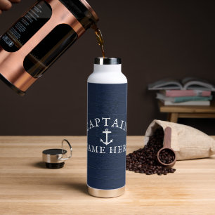 Boat Captain Name Nautical Anchor Navy Blue Water Bottle