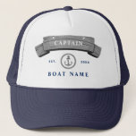 Boat captain nautical anchor name personalised trucker hat<br><div class="desc">Boat name or your name personalised navy blue nautical anchor and rope captain hat.</div>