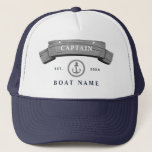 Boat captain nautical anchor name personalised trucker hat<br><div class="desc">Boat name or your name personalised dark navy blue nautical anchor and rope captain hat.</div>