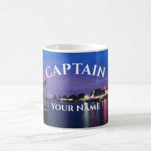 Boat captain on illuminated harbour background coffee mug