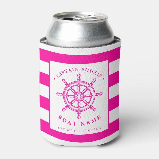 Boat Captain's Rudder Wheel Hot Pink Can Cooler (Can Front)