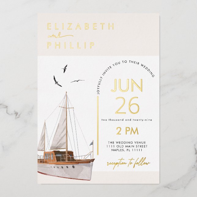 Boat Coastal Nautical Wedding Foil Invitation (Front)
