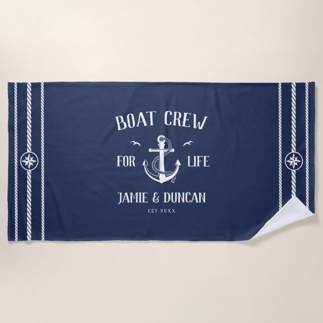 Boat Crew For Life Nautical Modern Custom Name Beach Towel (Front)