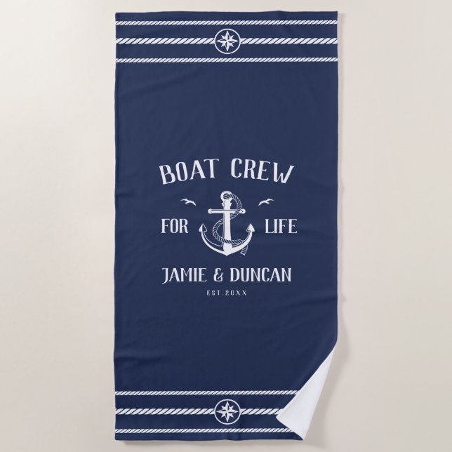 Boat Crew For Life Nautical Modern Custom Name Beach Towel (Front)