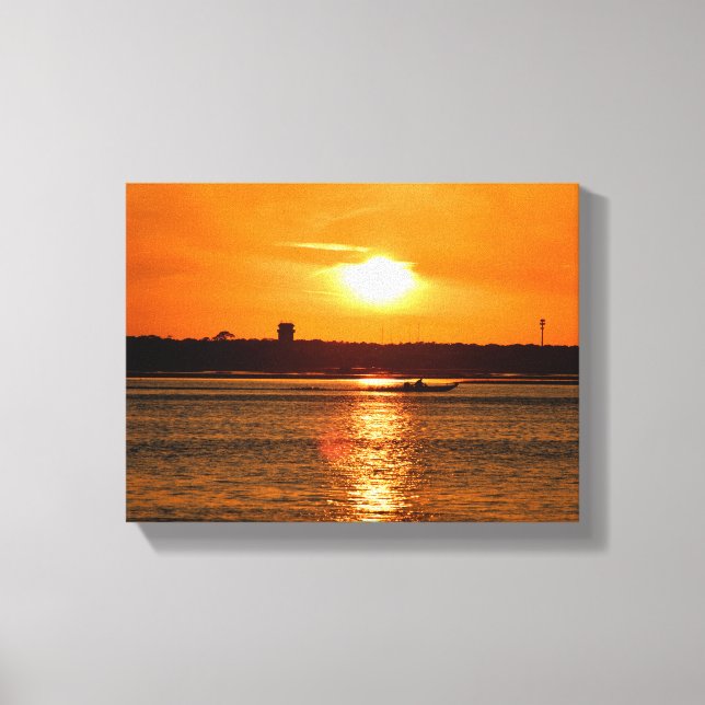 Boat cruising on the river sunset canvas print (Front)
