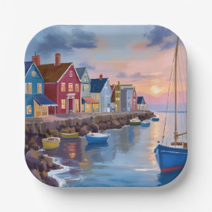 Boat Day Coastal Bay Ocean Watercolor Painting Paper Plate