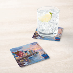 Boat Day Coastal Bay Ocean Watercolor Painting Square Paper Coaster