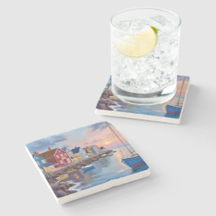Boat Day Coastal Bay Ocean Watercolor Painting Stone Coaster