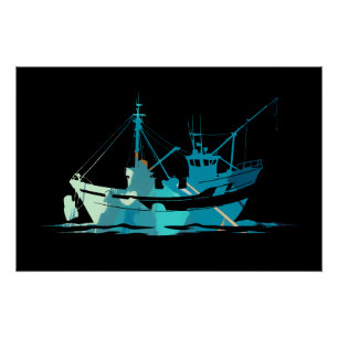 Boat Fishing Illustration Silhouette Style Poster