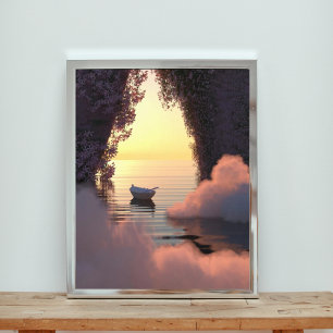  Boat Floating on the Ocean at Sunset Photo Print