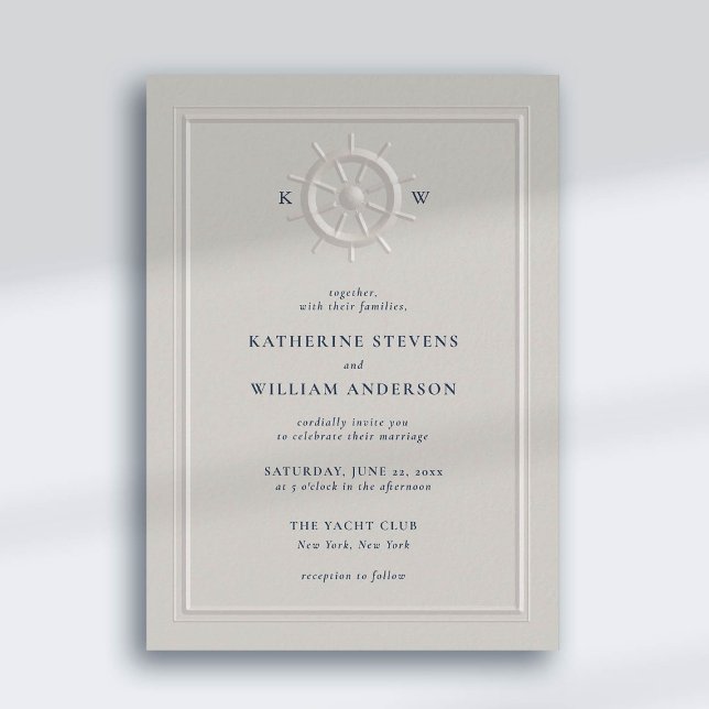 Boat Helm Faux Embossed Classic Frame Chic Wedding Invitation (nautical beach yacht coastal ocean wedding invitation faux embossed boat helm pearl classic frame)