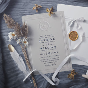 Boat Helm Faux Embossed Elegant QR Code Wedding Invitation