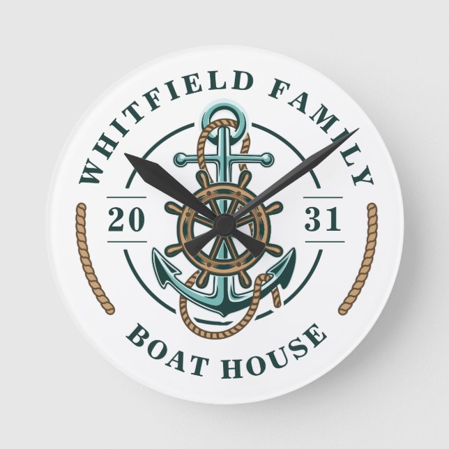 Boat House Anchor Boat Wheel Year Est Personalised Round Clock (Front)