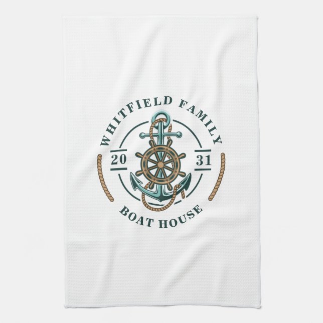 Boat House Anchor Boat Wheel Year Est Personalised Tea Towel (Vertical)