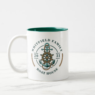 Boat House Anchor Boat Wheel Year Est Personalised Two-Tone Coffee Mug