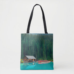 Boat house by Lake Louise in Banff National Park,  Tote Bag