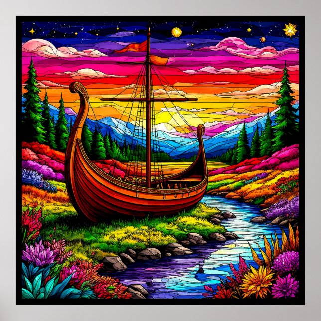 Boat in a Colourful Landscape Poster (Front)