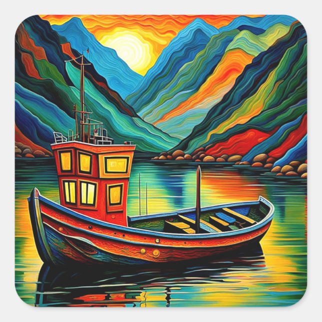 Boat in fjord  17 square sticker (Front)