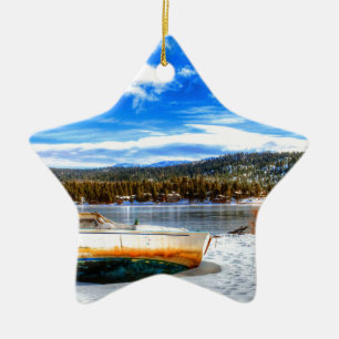 Boat in Snow at Big Bear Lake, California Ceramic Tree Decoration