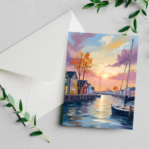 Boat Marina Coastal Bay Watercolor Painting Card