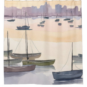 Boat Marina Watercolor Ocean Bay Shower Curtain